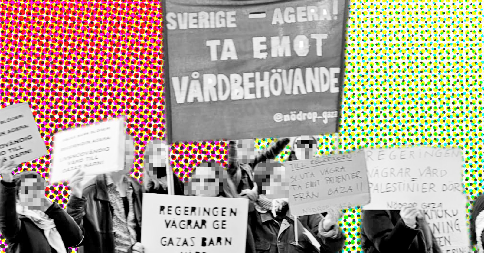 Bild på demonstranter med skyld Sverige – agera! Ta emot vårdbehövande med mera.
