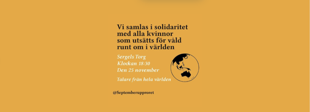 Brandgul bild med text om demonstration och bild på jorden.